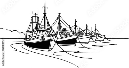 A line of fishing boats anchored in calm water, sketched in black and white