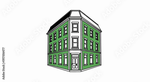 A green corner building with multiple windows and a pitched roof