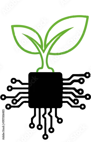A green seedling sprouts from a black circuit board with radiating connections