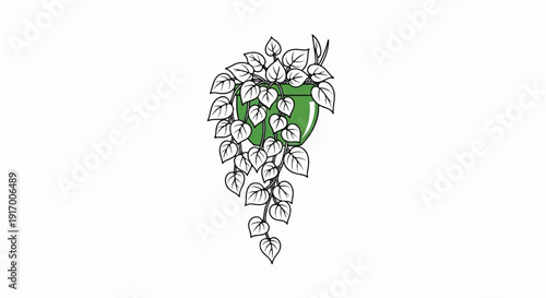 A green hanging planter overflows with trailing green leaves