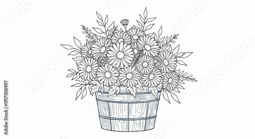 A detailed line drawing depicts a rustic wooden bucket filled with many daisy-like flowers and leaves