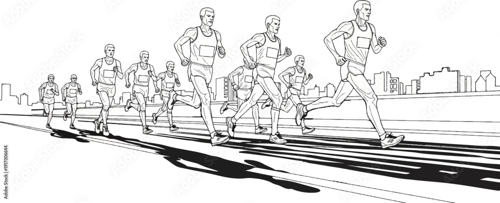 Obraz premium A group of male athletes in a footrace with city buildings in the background