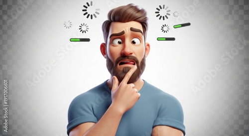 Man waiting for loading screens to finish with thoughtful expression