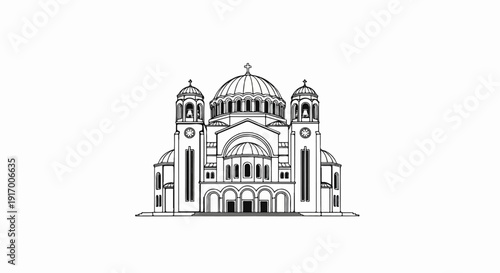 A detailed line drawing of a large domed church