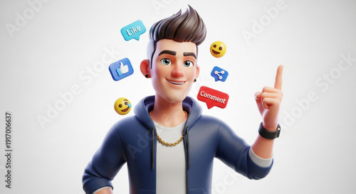 Smiling man pointing up with social media icons around him