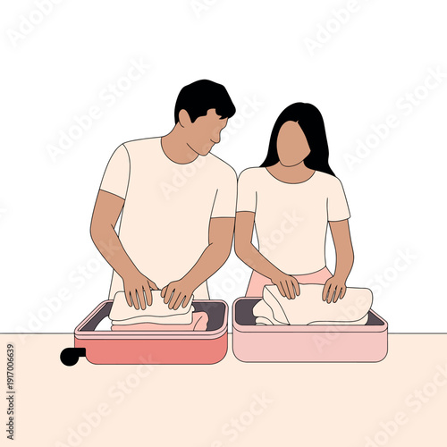 A man and woman packing clothes into suitcases on a table