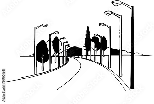 A lined illustration of a road lined with trees and streetlights