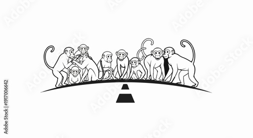A group of monkeys of various sizes sit on a curved surface above a road sign