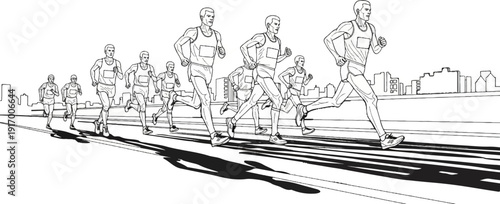 A group of male athletes in a footrace with city buildings in the background