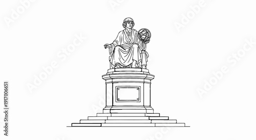 A detailed line drawing of a historical figure holding a celestial globe