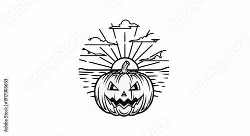 A linework illustration of a carved jack-o'-lantern against a stylized sunrise backdrop