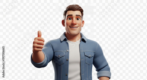 Smiling man giving thumbs up in casual blue shirt