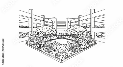 A detailed line drawing of a multilevel parking structure with landscaping