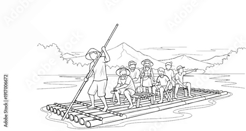 A group of people on a bamboo raft with a mountain in the background