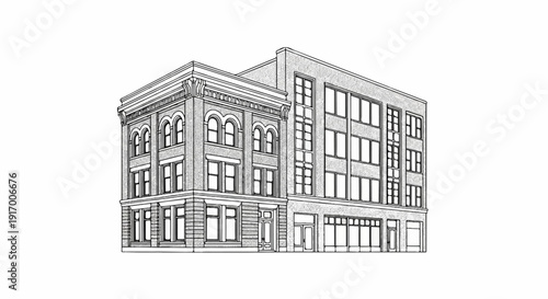 A detailed line drawing of a multi-story brick building with various window styles