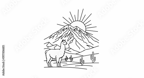 A llama stands in a desert landscape with mountains and a sun