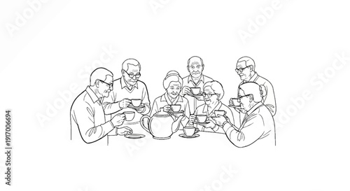 A group of seniors enjoys a warm cup of tea together around a table