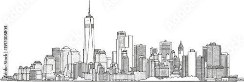 A detailed line drawing of a sprawling city skyline with many tall buildings
