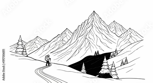 A lone hiker with poles traverses a snowy mountain path lined with trees