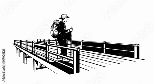 A lone hiker with a large backpack walks across a pier with a hat