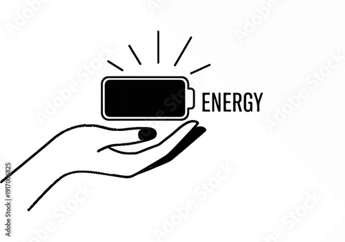 A hand holds a battery symbol radiating energy with the word ENERGY