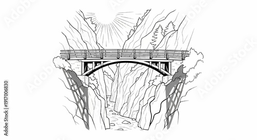A picturesque black and white line drawing of a bridge spanning a rocky canyon