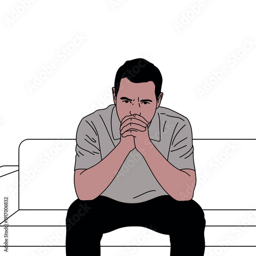A worried man sitting on a couch with his hands on his face