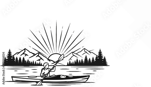 A lone kayaker paddles across a serene lake with a mountainous backdrop at sunrise