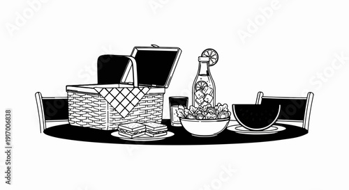 A picnic spread with a basket, food, drink, and seating on a table