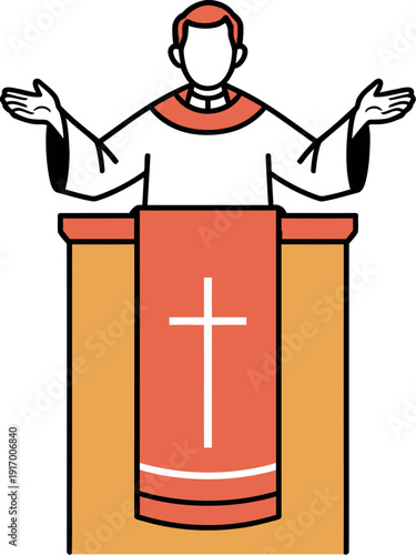 A clergyman stands at a pulpit with a cross, gesturing in a preaching or prayerful manner.