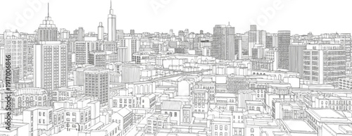 A detailed line drawing of a sprawling cityscape with tall buildings under a clear sky