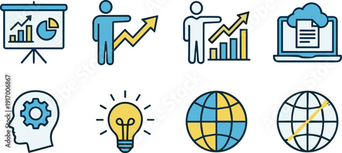 Business icons, data analysis, global innovation, cloud computing, growth chart, presentation board, technical thinking, idea bulb, international exchange, cognitive process, online document,
