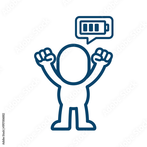 A cartoon character with raised arms and a low battery symbol above its head, indicating frustration or concern.