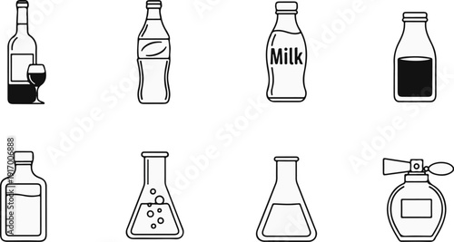 A collection of bottles and laboratory flasks, including wine, milk, and perfume
