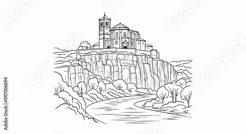 A picturesque scene depicts a church atop a rocky cliff overlooking a winding river