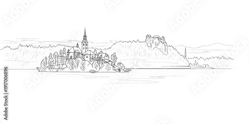 A picturesque lakeside scene with a village and castle atop a hill