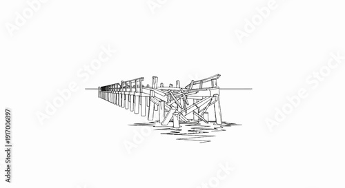 A broken wooden pier stretches into the water, weathered by time and elements