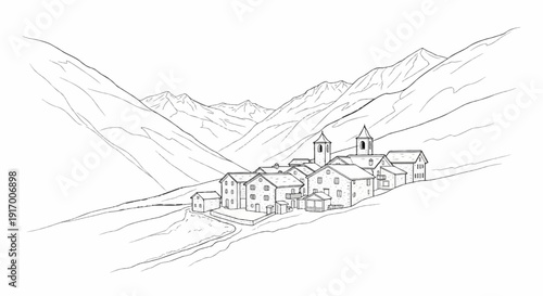 A picturesque village nestled in a valley between towering, snow-capped mountains