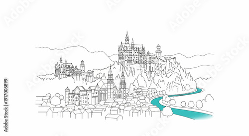 A picturesque sketched town nestled below a grand castle on a hill, with a river