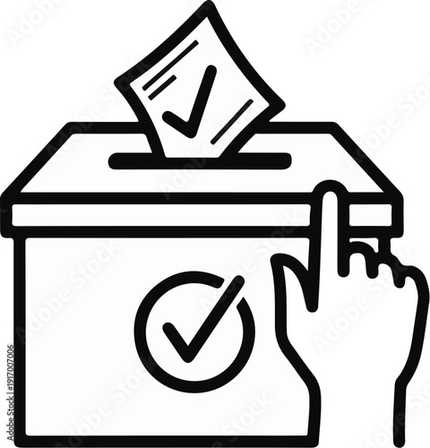 A hand places a ballot with a checkmark into a ballot box icon