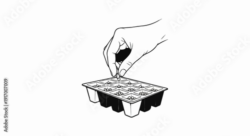 A hand plants seeds in a seedling tray with nine cells