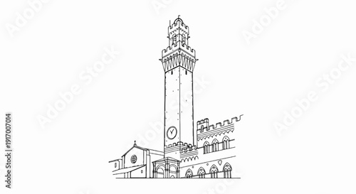 A detailed line drawing of a tall clock tower with crenellations and a smaller church