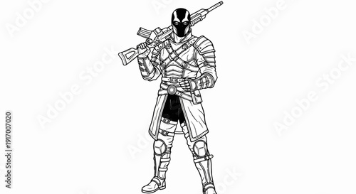 A masked soldier in detailed combat gear holds a rifle across his shoulders