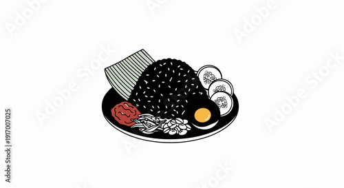 A plate of black rice with chili paste, anchovies, peanuts, egg, and cucumbers