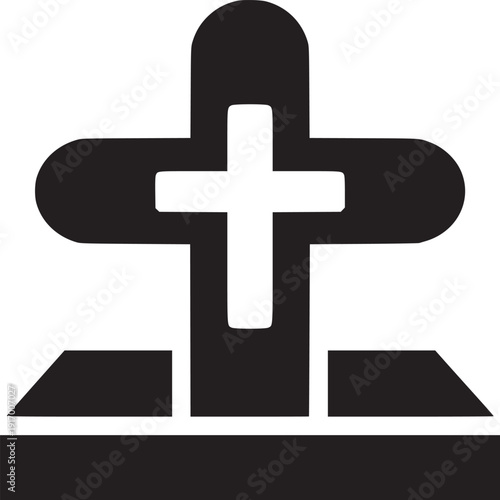A stylized black and white illustration of a cross shaped gravestone with a base on a white background