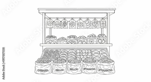 A market stall displaying a variety of sweet pastries and baked goods in bags and jars