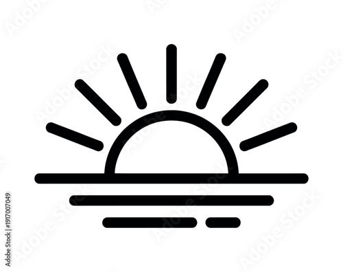 A simple black line drawing of a sunrise over the ocean horizon