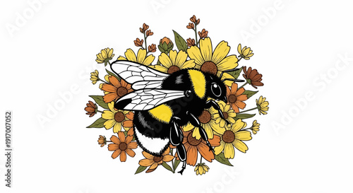 A bumblebee is nestled amongst colorful wildflowers in a detailed illustration
