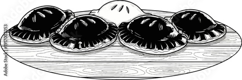 A plate of five hand-drawn, shaded pies on a wooden surface