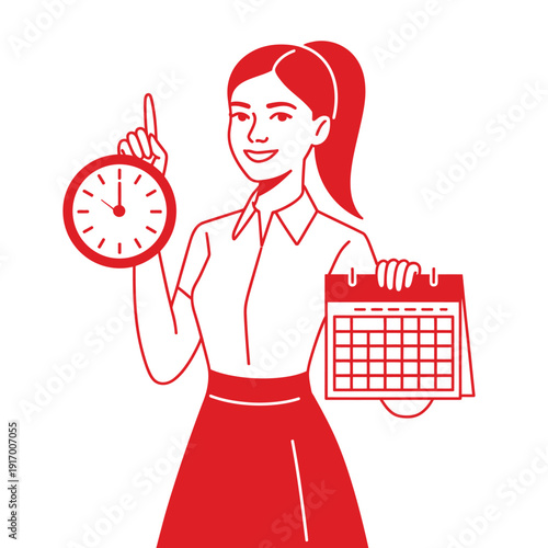 A smiling woman holding a clock and calendar, symbolizing time management and organization.
